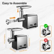 Meat Grinder - Food Processor - Personal Mini Blender Mixer - Juicer Dry Grinder - Sausage Grinder - Heavy Duty Hard Meat Grinder - 350W(1500W Max) - Food Grinder with Blade and 3 Plates - Silver
