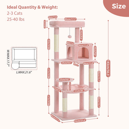 Kattenboom - voor Binnenkatten – Krabpaal - Multi-Level - met Grote Hangmat - Sisal Krabpalen - Kattenhuisje en Topplateau – Kattenmeubel - Arbre a Chat -143cm Hoog - Roze