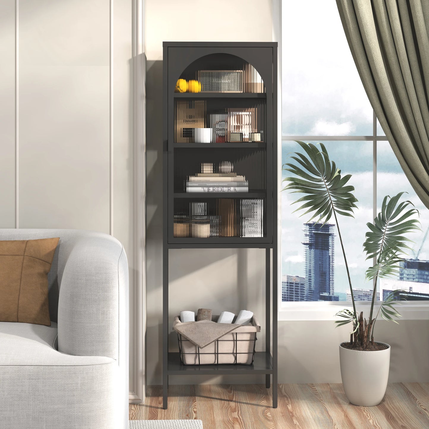 Opbergkast - Metalen Opbergrek - Kast - Opbergkasten - 160cm × 50cm × 35cm - met Glazen Deuren – Verstelbare Planken – Geschikt voor Woonkamer, Keuken & Kantoor