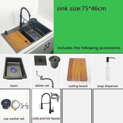 Nano Kitchen Sink Matte Black Above Mount Washing Basin with chopping board 304 Stainless Steel Single black kitchen sink