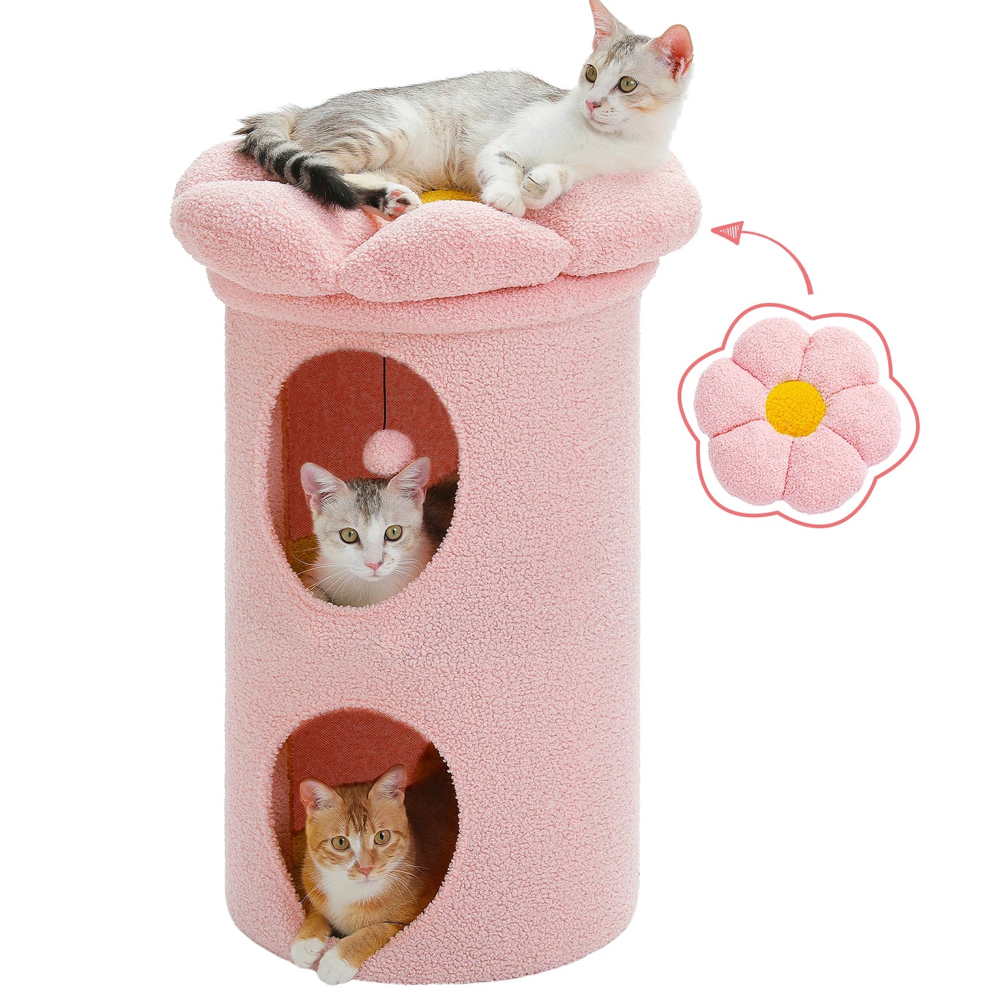 Kattenhuis - met 2 Verdiepingen - Binnen – Houten bed - met Afneembaar Bloemenkussen - Ruime Kattengrot - Hangspeeltje - Krabpaal - 73cm Hoog - Roze
