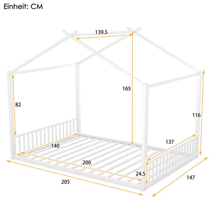 Kinderbed – Kinderbedden – Peuterbed – Vloerbed – Huisbed – Wit – 140x200 cm – Met Stabiel Metalen Frame – Uniek Huisvormig Design