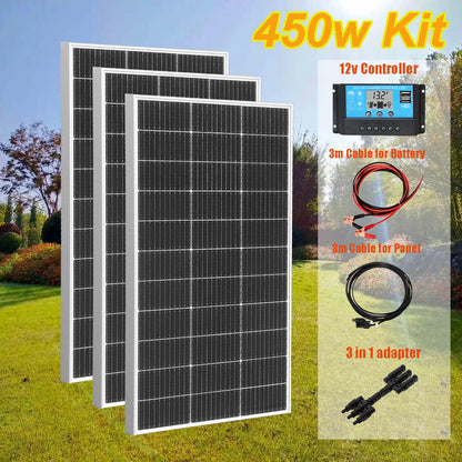 Zonnepaneel - Zonnepanelen - Monokristallijne Solar Kit - Waterdicht - met Glas - en Aluminium Frame - Lichtgewicht - 12V - 450W - 3stuk - voor Boot - Camper - Caravan - RV of Tuin