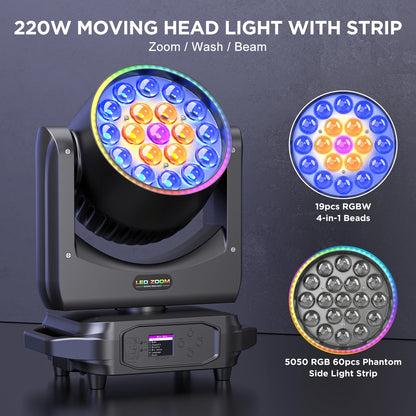 Moving Head Light – Led Verlichting – Podiumlamp – DJ Licht – Stroboscoop – 4 Stuks EU Stekker – 220W Vermogen – Instelbare Zoom en Focus - QUORE