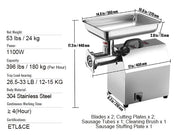Elektrische Gehaktmolen - Voor alle soorten Vlees - Roestvrij staal - Vleesmolen - Vleesmolens - worstenmaker - 1100W - 794 LBS/h - 2 messen - 3 slijpplaten - 304 roestvrij staal - Zilver