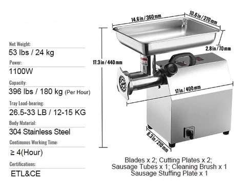 Elektrische Gehaktmolen - Voor alle soorten Vlees - Roestvrij staal - Vleesmolen - Vleesmolens - worstenmaker - 1100W - 794 LBS/h - 2 messen - 3 slijpplaten - 304 roestvrij staal - Zilver