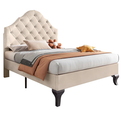 Gestoffeerd Bed – Eenpersoonsbed – Slaapbank – Lattenbodem Bed – Hoofdbord Bed – 90x200 cm – Hoog Hoofdbord Verstelbaar – Zachte Beige Velvet Bekleding - QUORE