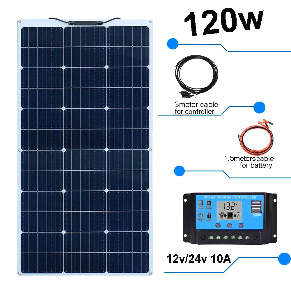 Zonnepaneel - Zonnepanelen - Zonne-energie - Zonne-kit - 12V Controller - Fotovoltaïsch Paneelsysteem - 120W -  Waterdicht - voor Boot - Camper - Caravan - RV - Tuin