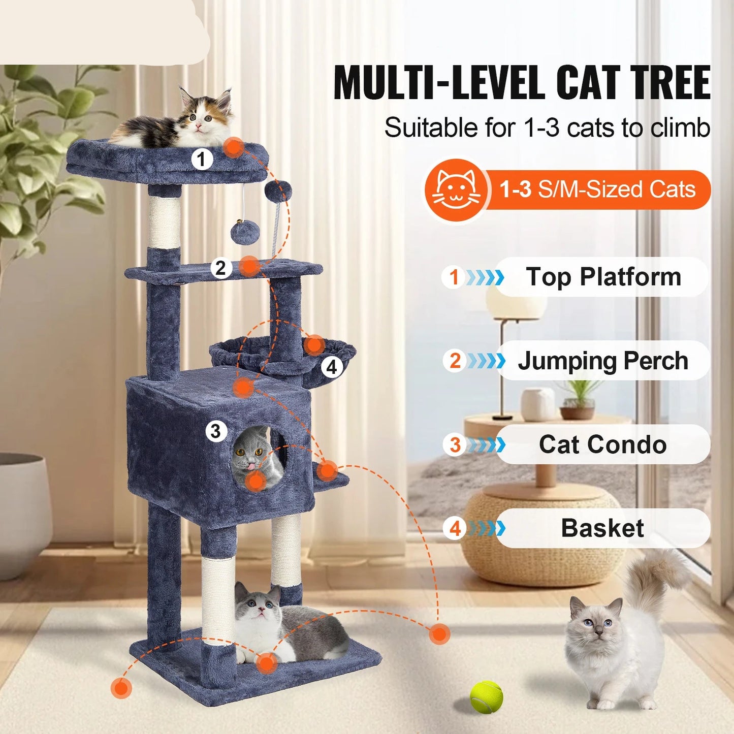 Kattenboom - met 5 Verdiepingen - Krabpaal - Hangmat en Speelballen - Stabiele Kattenklimtoren - voor Rust en Spel - Duurzaam en Stevig - Veilig en Stabiel - Lichtgrijs