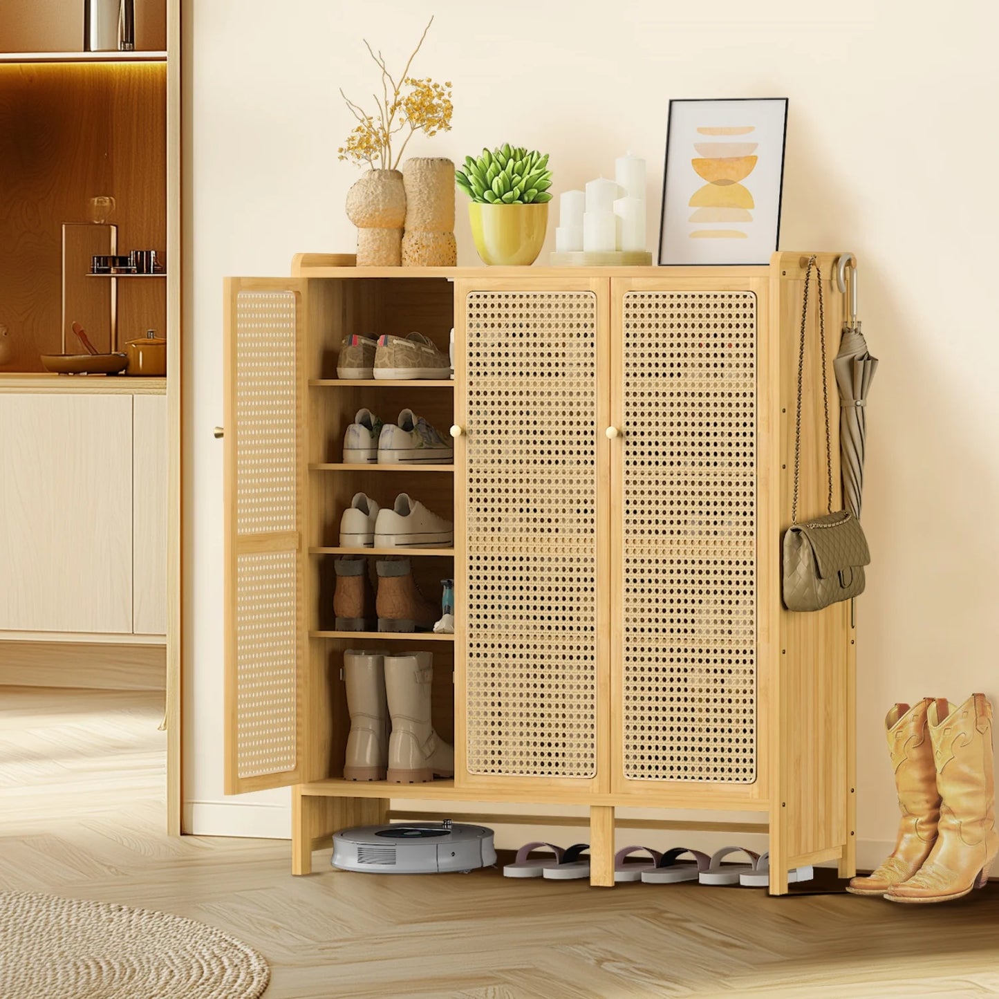 20 Pairs Bamboo Shoe Storage Cabinet 107cm Tall Rattan Shoe Cabinet with Doors and 6-Tier Shelves for Entryway Hallway Closet