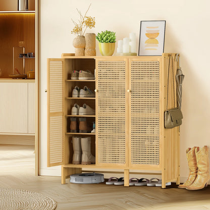 20 Pairs Bamboo Shoe Storage Cabinet 107cm Tall Rattan Shoe Cabinet with Doors and 6-Tier Shelves for Entryway Hallway Closet