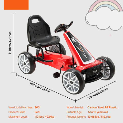 Go Kart voor Kinderen - vanaf 6 Jaar - Trapauto voor Jongens - als een Auto - 4 wielen Metaal + Kunststof -  Off-Road Pedaal Rijden Op Speelgoed - met Verstelbare Stoel - Buiten Raceauto - voor Kinderen - Jongens Geschenken - Rood