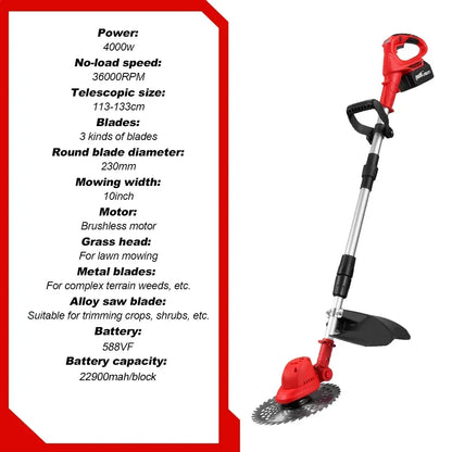 Grastrimmer - Grasmaaier - Grasmachine - Draadloze - 4000W - 36000RPM - Brushless Motor - Verstelbaar en Inklapbaar - Voor 21V/18V - 2 Batterij