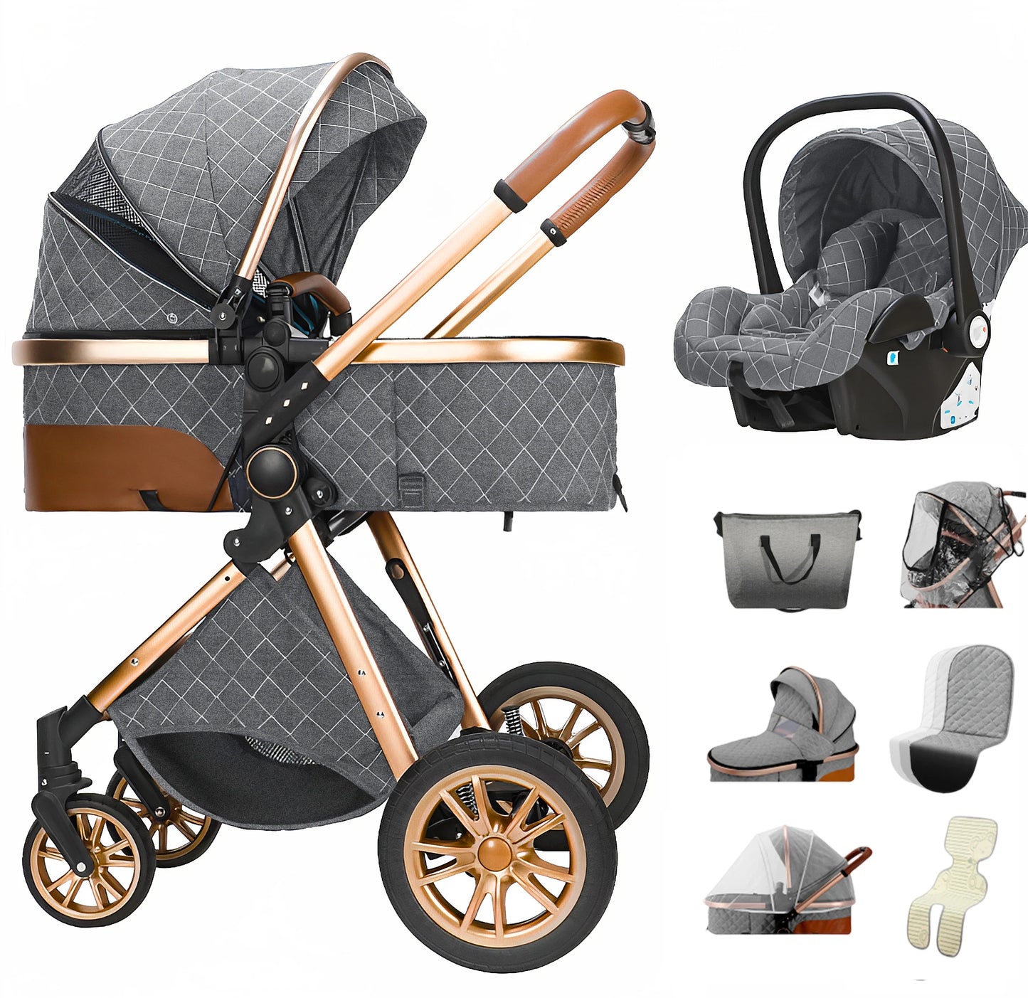 3-In-1 Kinderwagen – Reiswieg – Autostoeltje – Wandelwagen – Compact Opvouwbaar – Roestvrij Staal Frame – Geschikt Vanaf Geboorte - Grijs