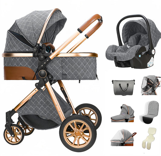 3-In-1 Kinderwagen – Reiswieg – Autostoeltje – Wandelwagen – Compact Opvouwbaar – Roestvrij Staal Frame – Geschikt Vanaf Geboorte - Grijs