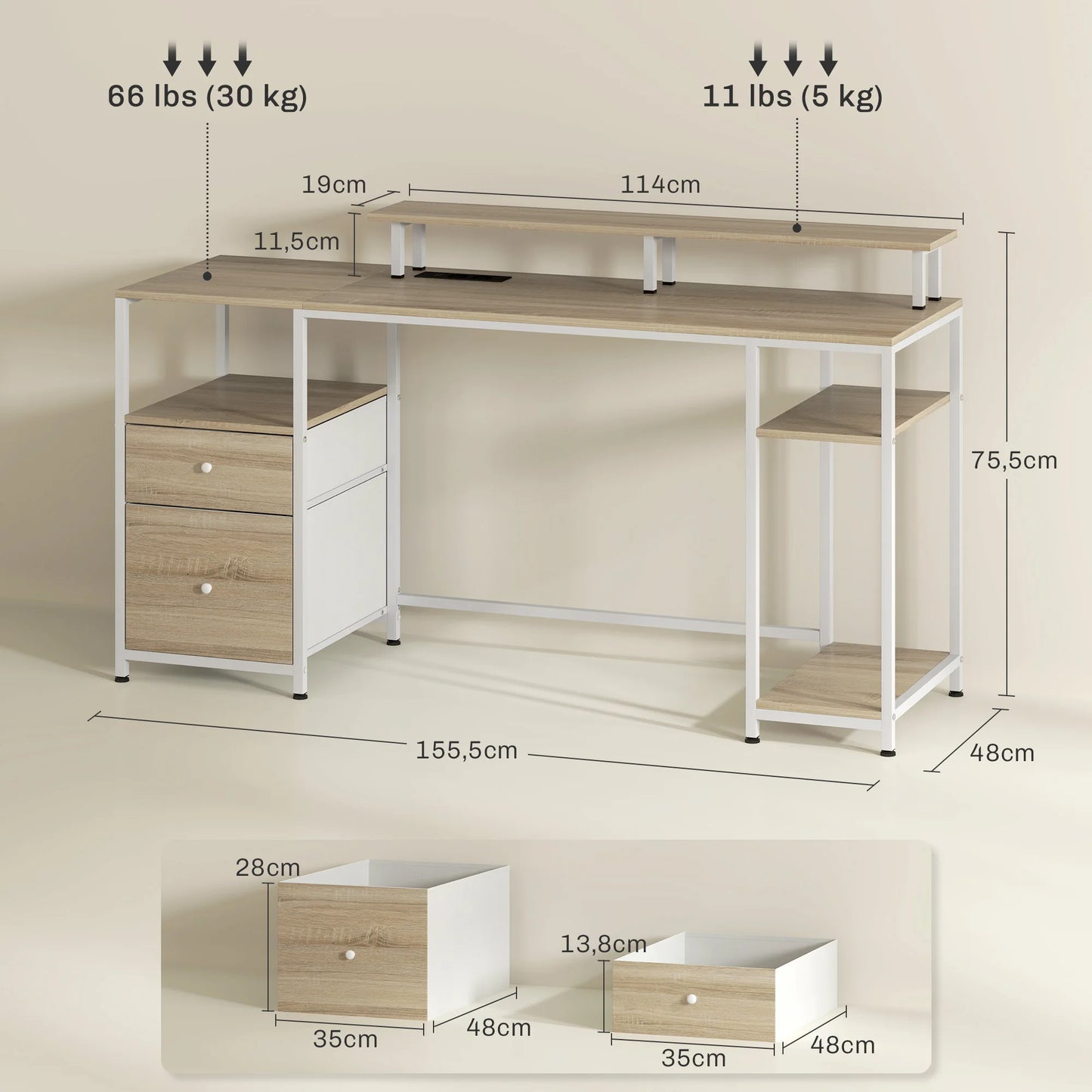 Bureau - Bureautafel - Computerbureau - Kantoor Tafel - Werktafel - 155,5x48x75,5cm - met Monitorstand - USB-poorten - en Stopcontacten - Natuurlijk Houtlook - en Wit - QUORE
