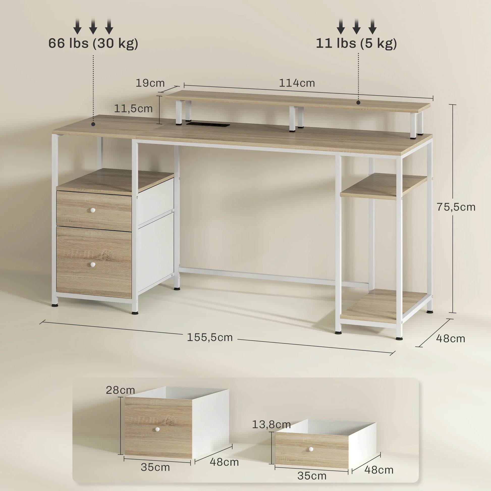 Bureau - Bureautafel - Computerbureau - Kantoor Tafel - Werktafel - 155,5x48x75,5cm - met Monitorstand - USB-poorten - en Stopcontacten - Natuurlijk Houtlook - en Wit - QUORE