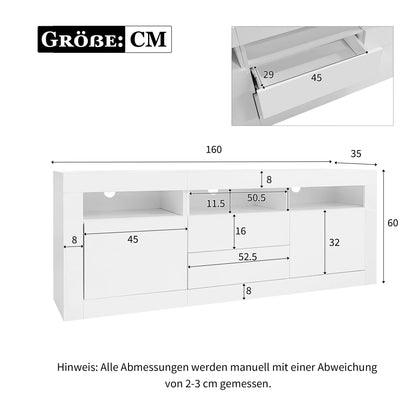 Hoogglans Tv-Meubel – Modern Tv-Kast – Mediameubel – Tv-Stand – Met Push-To-Open Lades – Led-Verlichting Met App - 160 x 35 x 60 cm - Wit