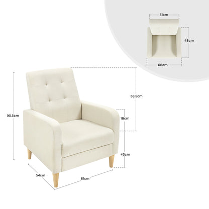 Lounge stoel – Fauteuil – Relaxstoel – Zetel – Leunstoel – Modern ontwerp – Linnen bekleding – Massief houten poten – Comfortabele zithoogte 43 cm – Compact formaat 68x90,5x73,5 cm