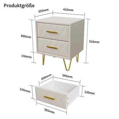 Nachtkastje – Bedside Table – Nachtkastje Set – Slaapkamer Kastje – Beige – 2 Lade Opbergruimte – Gouden Metalen Poten – PU Bekleding – 41x35,5x51 cm