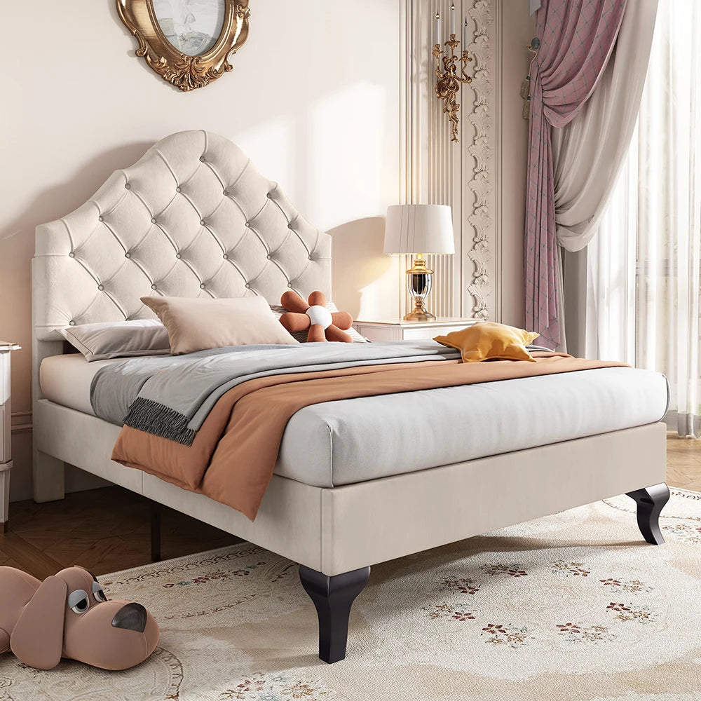 Gestoffeerd Bed – Eenpersoonsbed – Slaapbank – Lattenbodem Bed – Hoofdbord Bed – 90x200 cm – Hoog Hoofdbord Verstelbaar – Zachte Beige Velvet Bekleding - QUORE