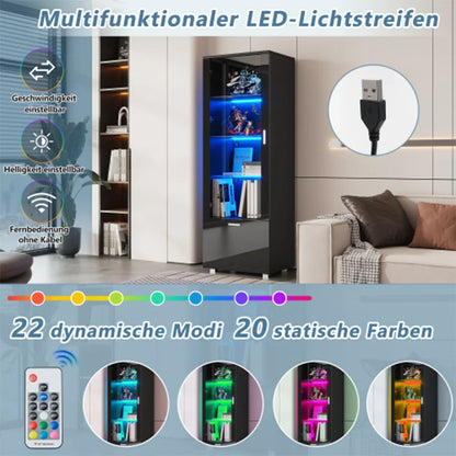 Vitrinekast - Met glazen deur - Zwart Hoogglans - LED Verlichting - 3 Planken