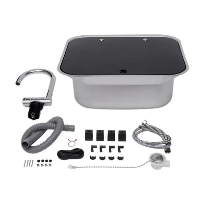 Campingwasbak – Opbouw Spoelbak – Inbouw Wastafel – Mobiele Afwasbak – Buitenkeuken Wasbak – Compact Formaat – RVS Met Glazen Deksel