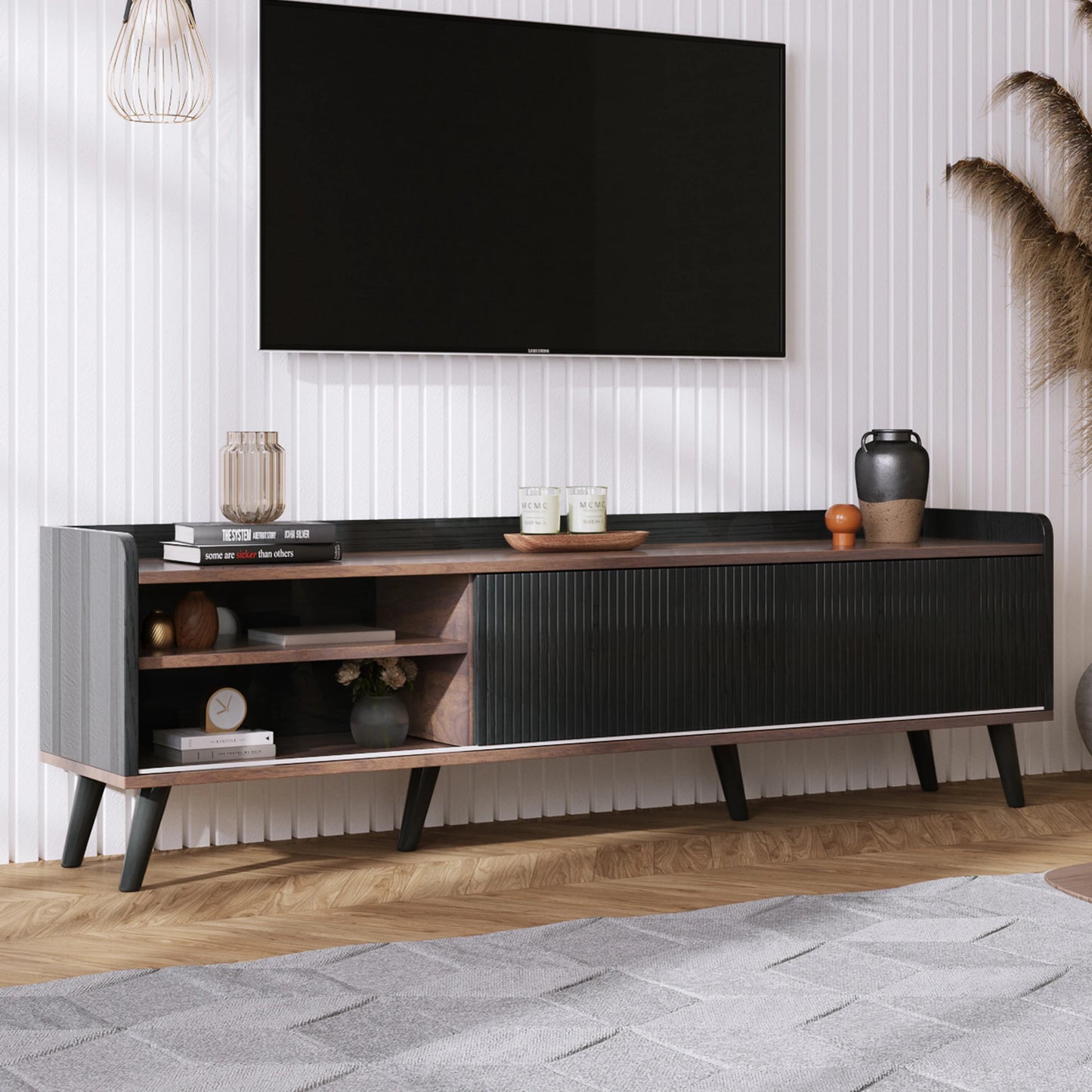 Tv-Kast – Tv-Meubel – Tv-Dressoir – Tv-Stand – 2 Lades – Schuifdeuren – Zwart Met Houtkleur-  160 x 40 x 58 cm