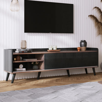 Tv-Kast – Tv-Meubel – Tv-Dressoir – Tv-Stand – 2 Lades – Schuifdeuren – Zwart Met Houtkleur-  160 x 40 x 58 cm