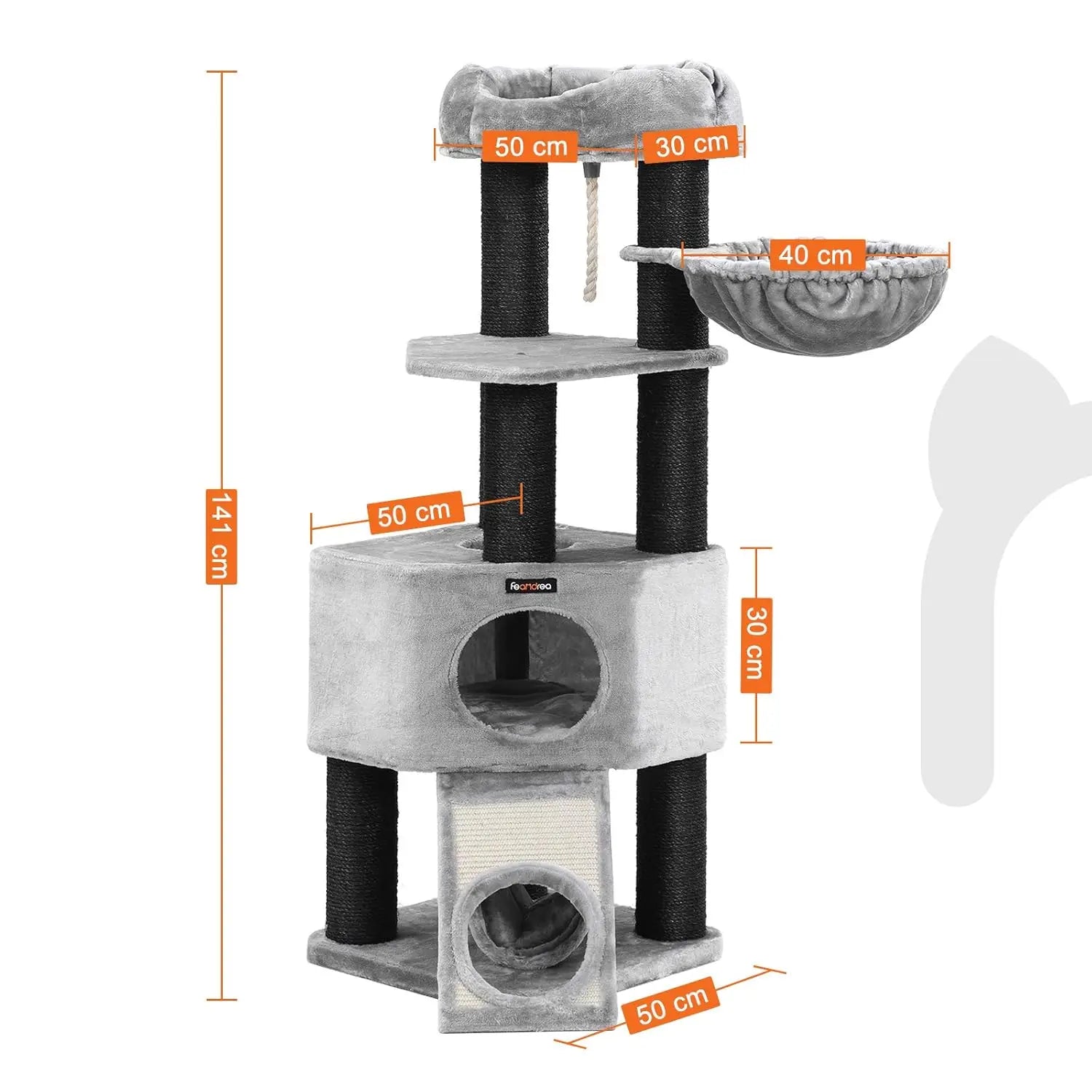 Krabpaal - voor Grote Katten - Kattenpaal - met Hangmat - 141 cm - Meerdere Verdiepingen - Stabiele Basis Cave - Krabplank - Dikke Sisal Kolommen - Arbre a Chat - Hoge Stabiliteit - Zachte Pluche Kussens - Grijs - QUORE