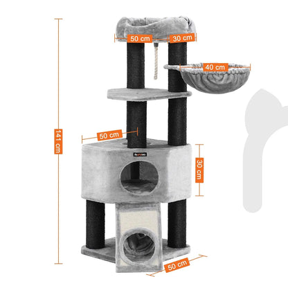 Krabpaal - voor Grote Katten - Kattenpaal - met Hangmat - 141 cm - Meerdere Verdiepingen - Stabiele Basis Cave - Krabplank - Dikke Sisal Kolommen - Arbre a Chat - Hoge Stabiliteit - Zachte Pluche Kussens - Grijs - QUORE