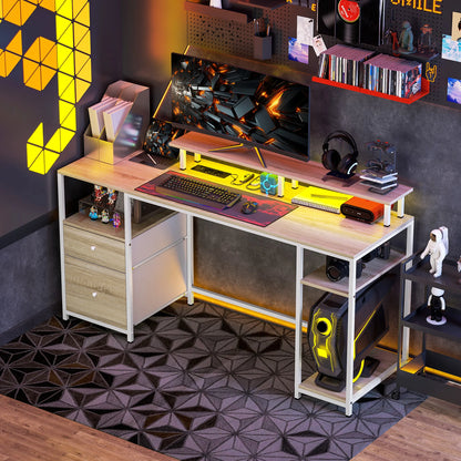 Bureau - Bureautafel - Computerbureau - Kantoor Tafel - Werktafel - 155,5x48x75,5cm - met Monitorstand - USB-poorten - en Stopcontacten - Natuurlijk Houtlook - en Wit - QUORE