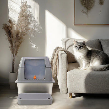 Kattenbak - Kattentoilet - kattenbakvulling - Hoge Wanden & Metalen Binnenbak – Grijs en Zilver - XL