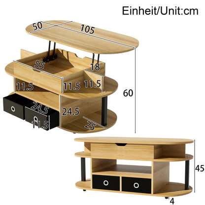 Comanlai 105cm Modern Coffee Table with Lifting Storage Space,2 Black Fabric Drawers and Open storage space,105×50×45cm