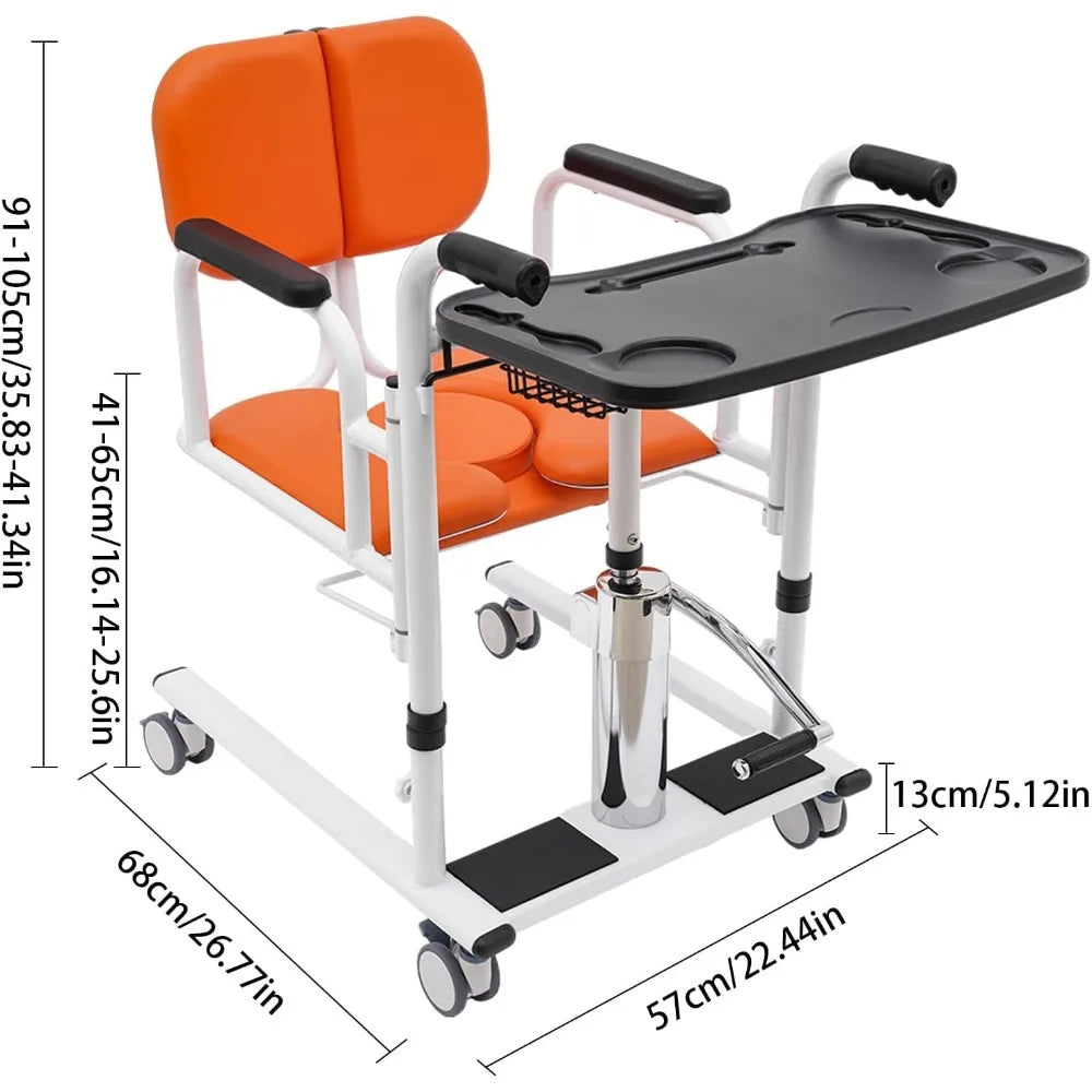 Transportrolstoel - Rolstoel - Rollator - Patiëntenlift & Verzorgingsstoel - Hydraulische - Douchestoel - 4-in-1 Douche – Verstelbare Hoogte & Transferhulp met Pot – Oranje/Wit/Zwart