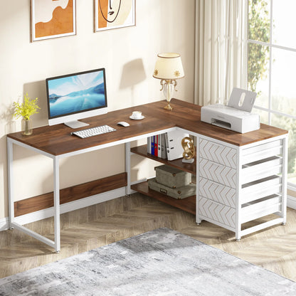 Game Bureau - Bureau - Hoekbureau - Game Bureau - 59" - L-vormige Computertafel - met Opberglades - Reversibel Kantoor- & Studiobureau - met Planken - Wit - QUORE