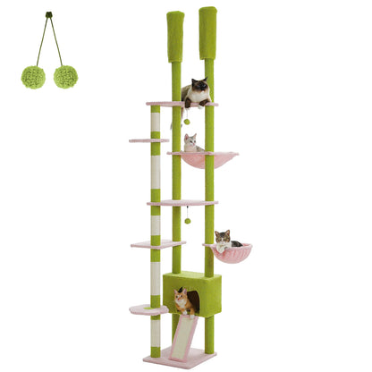 Kattenboom - Kitten Krabpaal - Katten Klimmuur - Sisal Krabpalen - Verstelbare Hoogte 230-255cm - Meerdere Verdiepingen - Cactus Floor to Ceiling - Arbre a Chat - Hangmatten - Roze