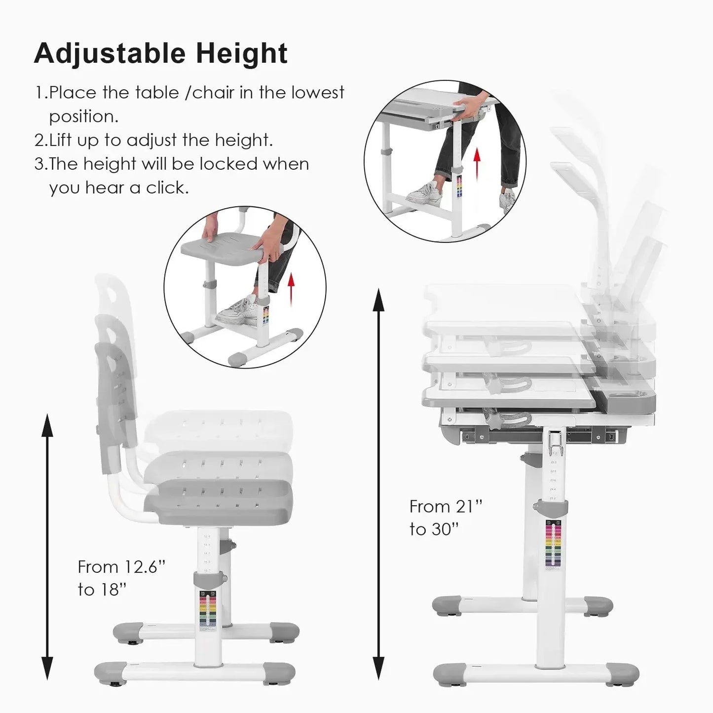 Ergonomisch Kinderbureau – Kinderbureau Met Stoel – Verstelbaar Bureau – LED Leeslamp – Kantelbaar Tafelblad – Met Opberglade - Lichtgrijs