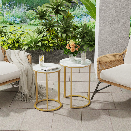 Ronde Tafel - Sintersteen - Eettafel - Eettafel Rond - Tafels -. Set van 2 - Metalen onderstel - voor woonkamer - Goud - QUORE
