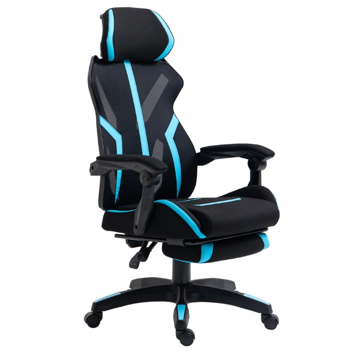 Ergonomische Bureaustoel – Bureaustoel – Kantoorstoel – Werkstoel – Gamingstoel – Verstelbare Rugleuning – Uittrekbare Voetensteun - 65 x 65x 119-129 cm - Zwart & Blauw