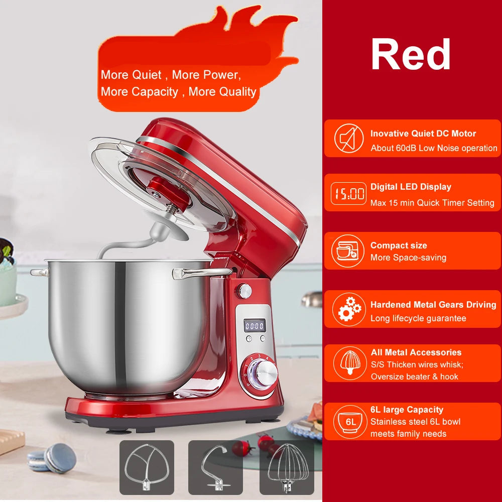Keukenmixer - Keukenmachine - Foodprocessor - Keukenrobot - LED Display - 6 Snelheden - 1200W - Stil DC-Motor - Elektrische Foodmixer - Rood - QUORE