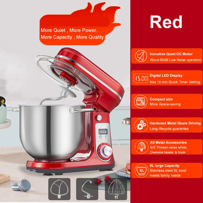 Keukenmixer - Keukenmachine - Foodprocessor - Keukenrobot - LED Display - 6 Snelheden - 1200W - Stil DC-Motor - Elektrische Foodmixer - Rood - QUORE