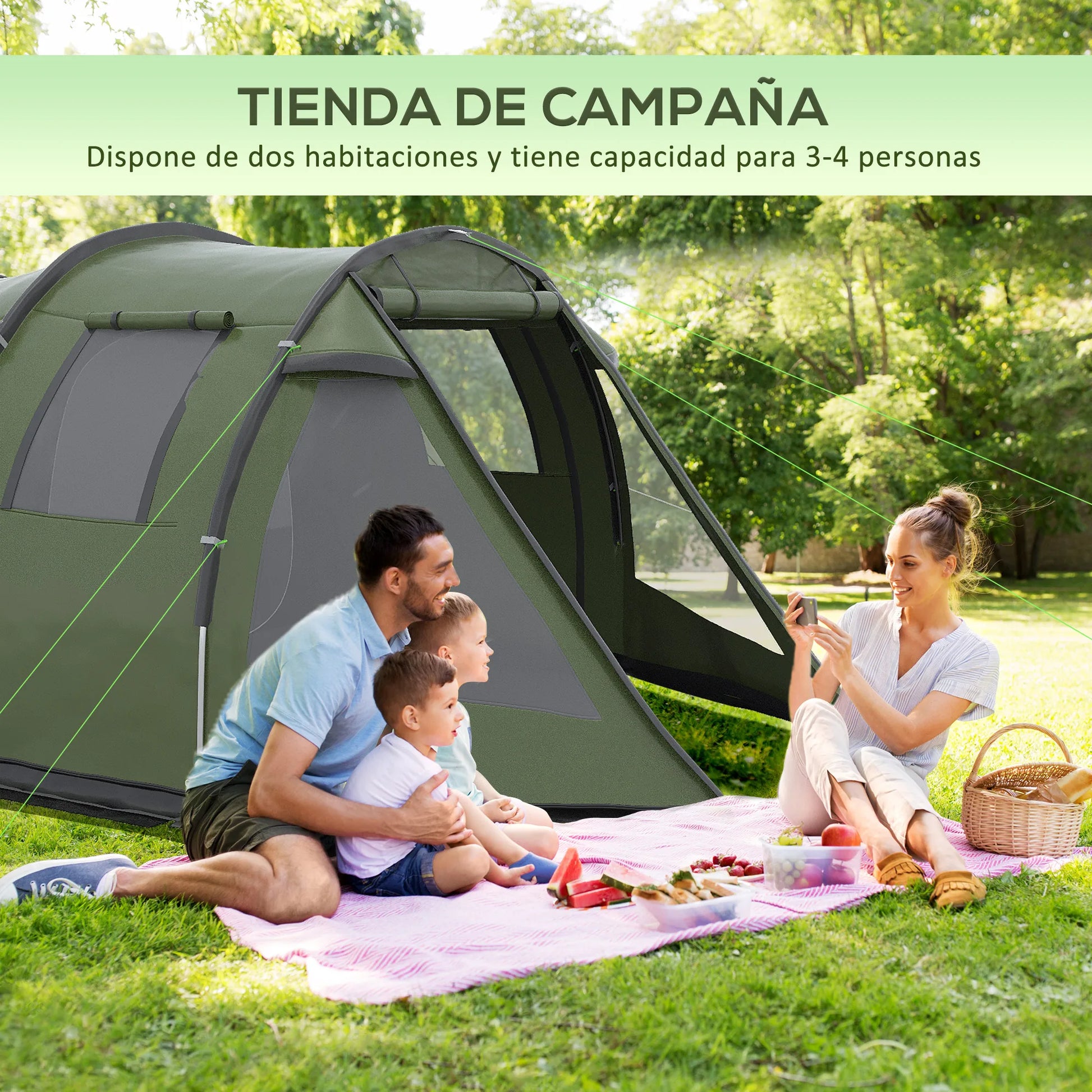 Tunnel Tent - 3 tot 4 Personen - Waterdicht & UV-bestendig - Grote Ruimte - Ventilatieramen - Outdoor Kampeertent - 475x264x172 cm - Groen - QUORE
