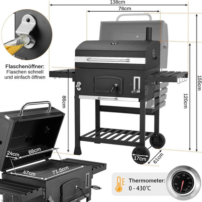 Houtskool Barbecue Trolley – Grote BBQ – BBQ Wagen – Houtskool Grill – Buitenbarbecue – Extra Groot Grilloppervlak – Ingebouwde Thermometer