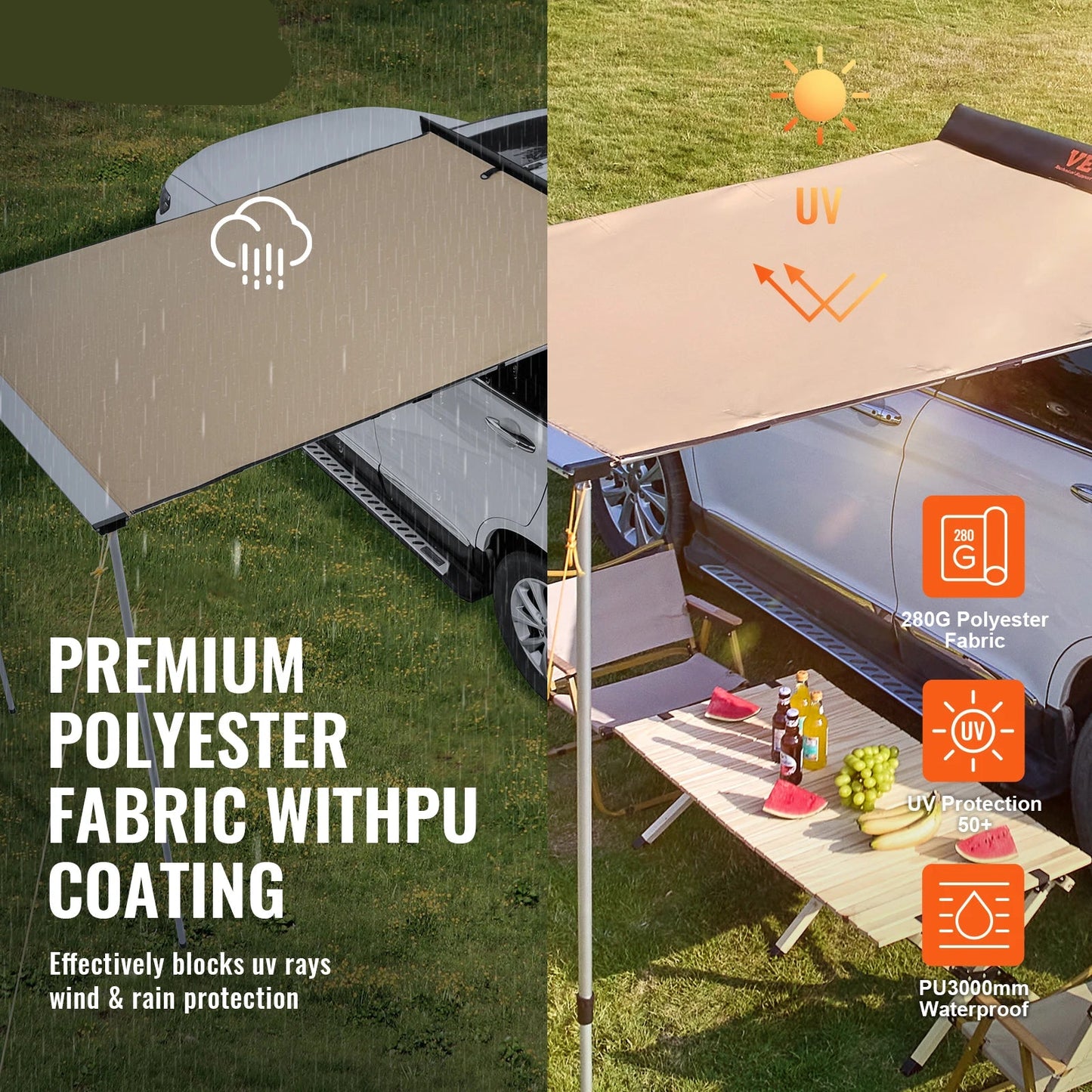 270° Luifel - Uitschuifbare - Autozij - Dak - voor SUV - Camper en Truck - 280G Polyester Stof - Waterdichte - met PU3000mm Coating - 6.6x8.2ft