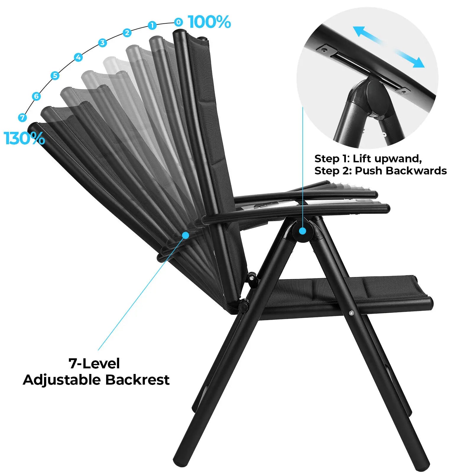 Inklapbare Tuinstoelen – Vouwstoelen – Balkonstoelen – Campingstoelen – Barbecue Stoelen – 7-Posities Verstelbare Rugleuning – Lichtgewicht Aluminium Frame - Zwart - QUORE