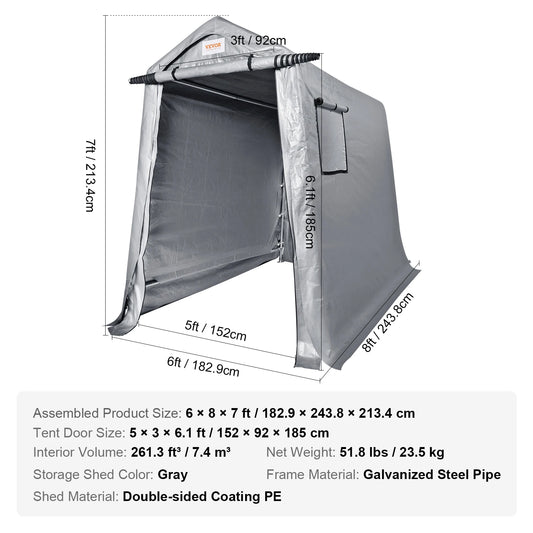 Tent - Carport Vervangende Overkapping - Garage Top Tent - Draagbare Berging - Buiten Berging - 6FTX8FT - Waterdicht - Zwaargewicht All-Season - Berging Voor Auto, Pickup Truck - Grijs