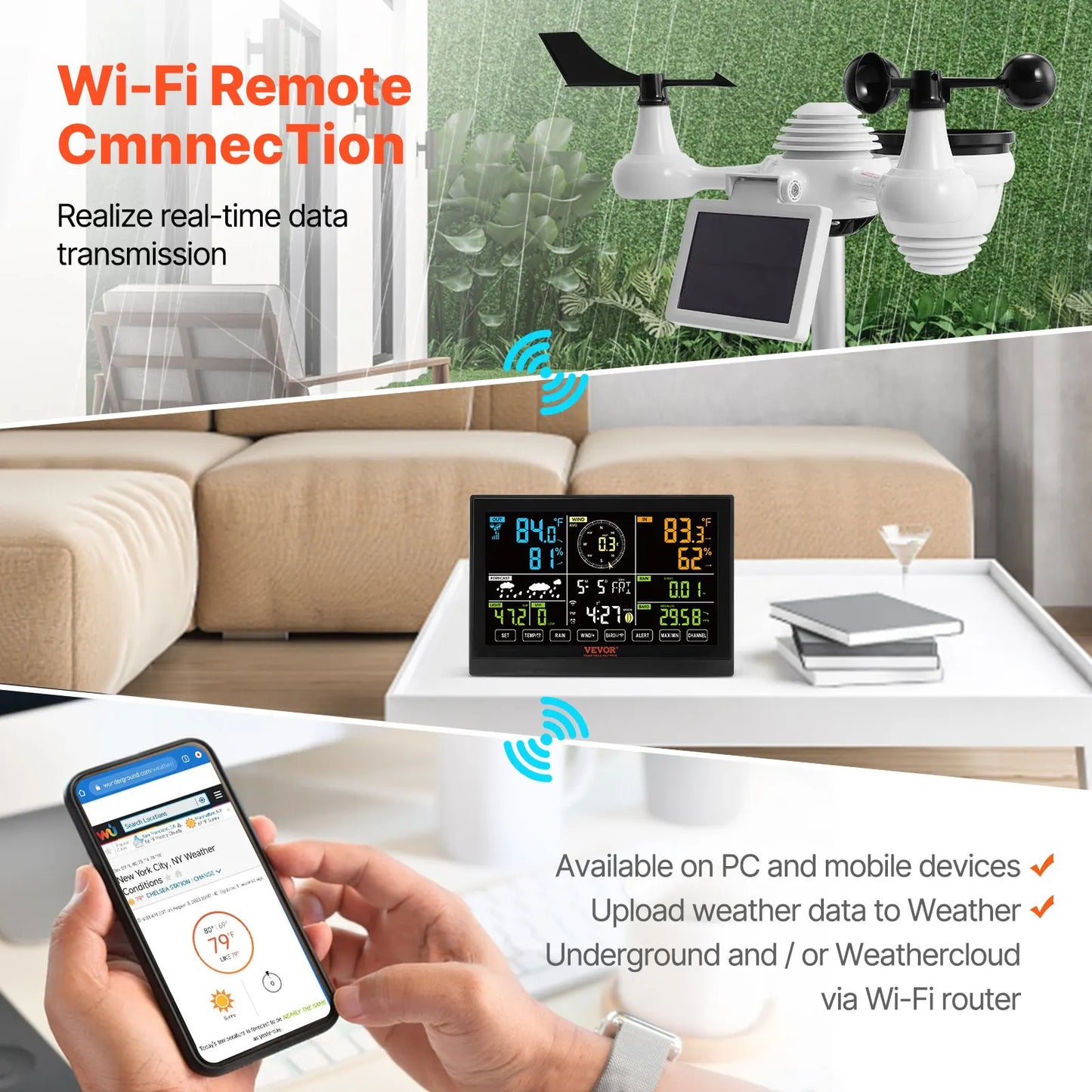 Weerstation - Draadloze - Weerstation Binnen en Buiten - 7-in-1 - met Wi-Fi - Zonne-oplaadbare Sensor en Groot 7,5" Kleurenscherm - voor Forecast Data, Alarm & Meldingen