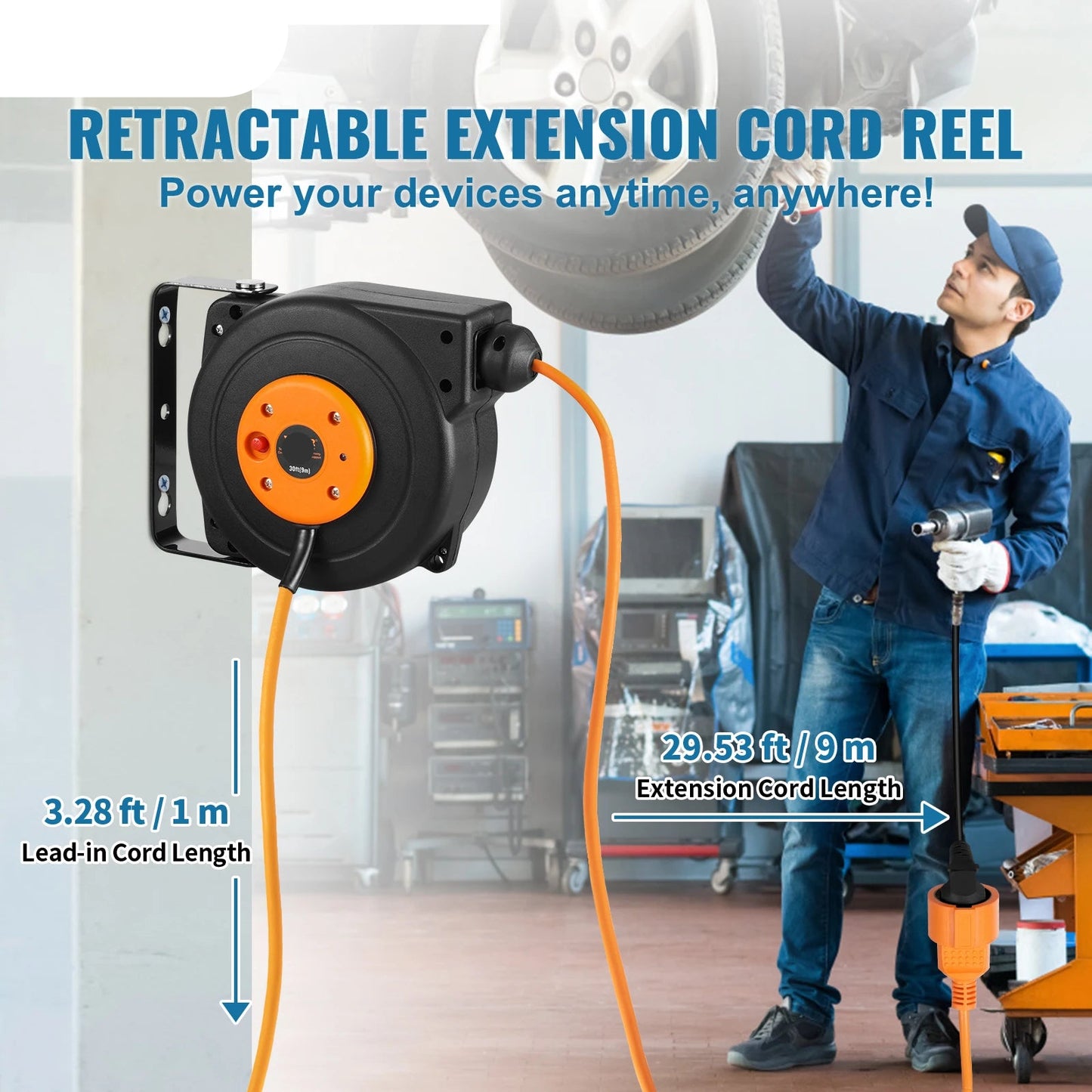 Automatische Kabelhaspel - Verlengkabel Haspel - Wandmontage Verlengkabel - Uittrekbare - met Oververhittingsbeveiliging - 1000W - Instelbare Kabelstop - 50ft-15m - QUORE
