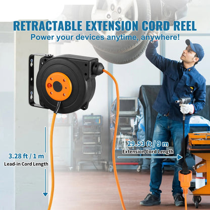 Automatische Kabelhaspel - Verlengkabel Haspel - Wandmontage Verlengkabel - Uittrekbare - met Oververhittingsbeveiliging - 1600W - Instelbare Kabelstop - 65ft-19m - QUORE
